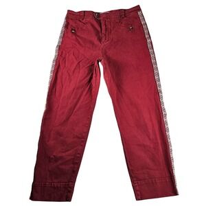 Anthropologie Pants Women 10 Red Straight Ankle Button Zip Embroidered Side Trim
